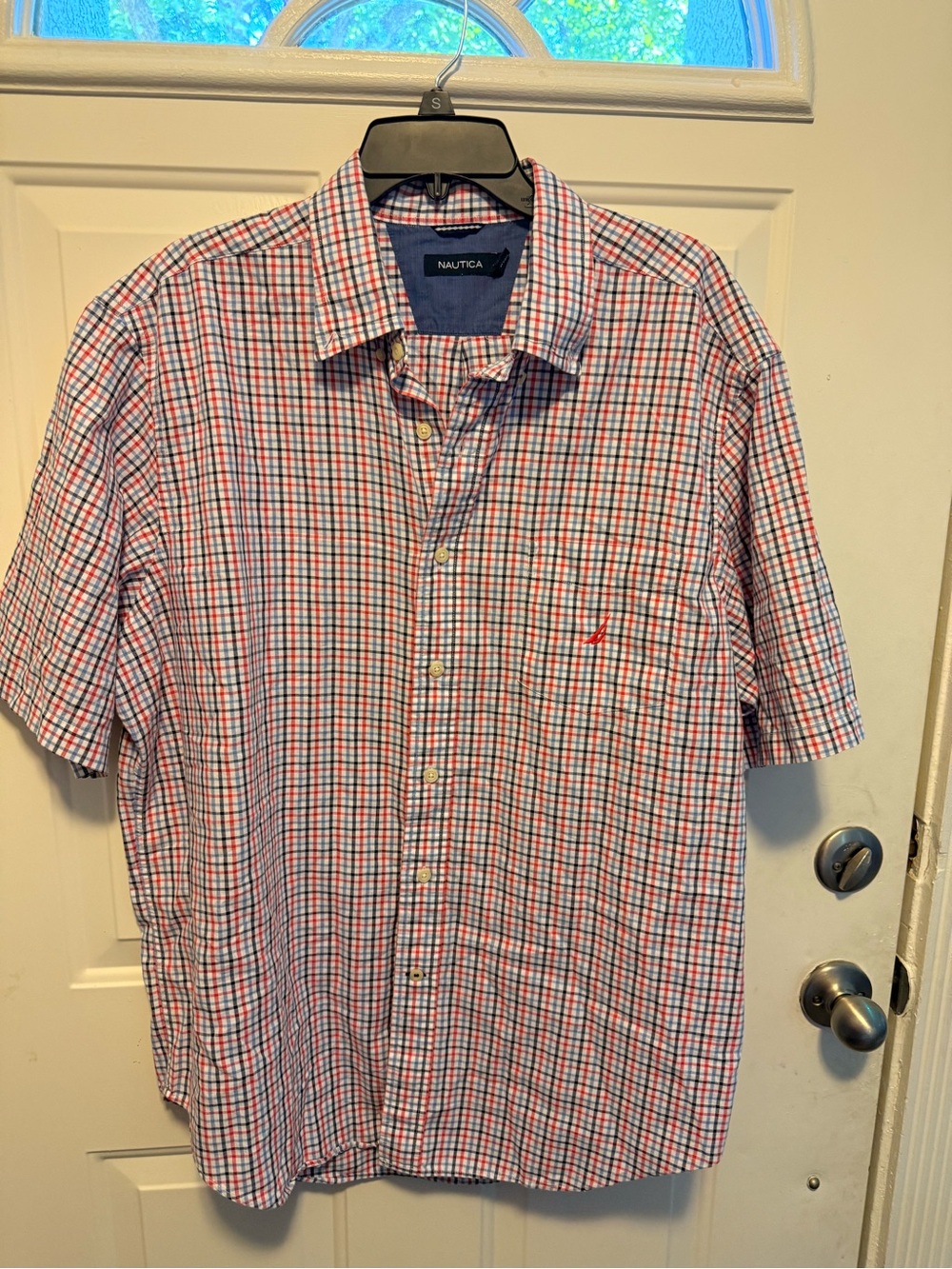Nautica Men’s Red, Blue & White Check Short-Sleeve Button-Down Shirt